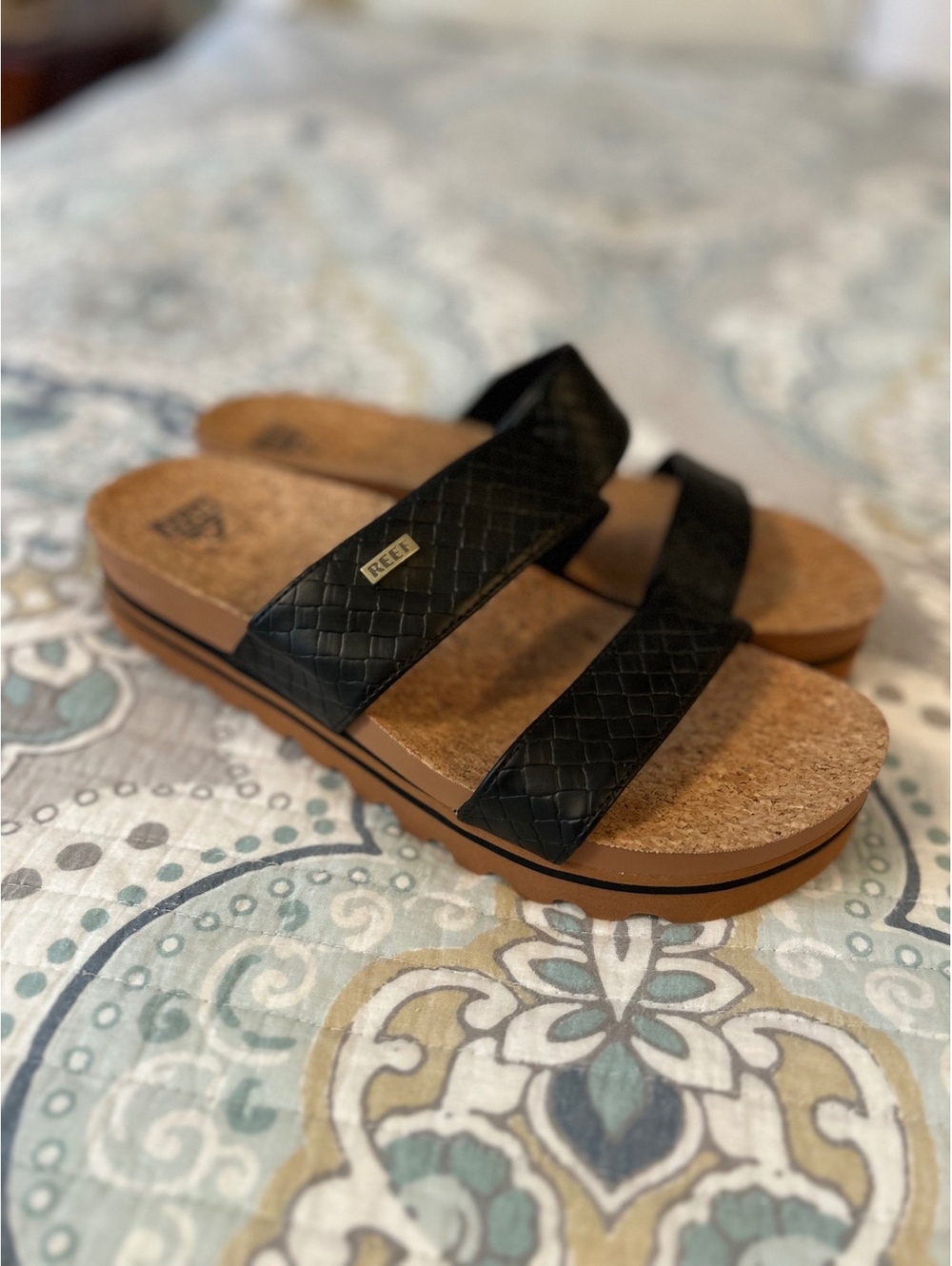 Reef Black Double Strap Platform Sandals with Cork Footbed